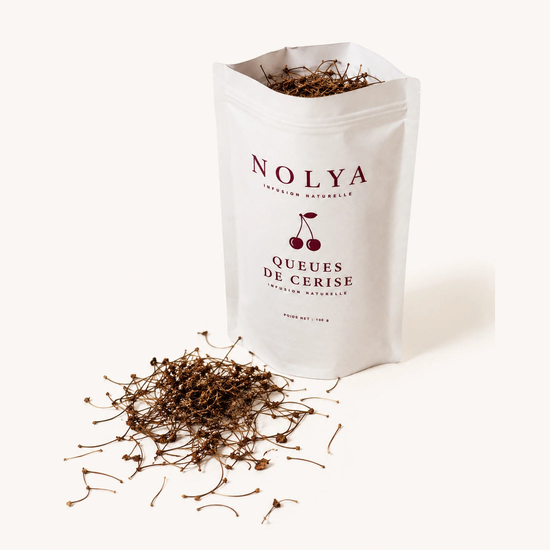 Sachet refermable de queues de cerise NOLYA ouvert, prêt pour le dosage quotidien