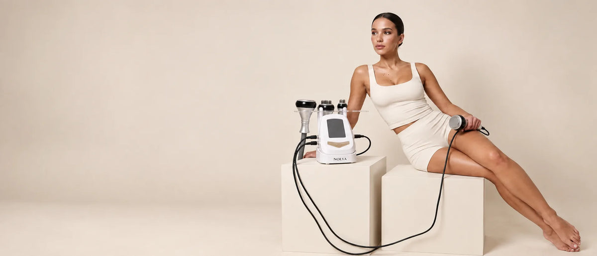 Femme en tenue ivoire assise avec l'appareil NOLYA et ses sondes de remodelage corporel