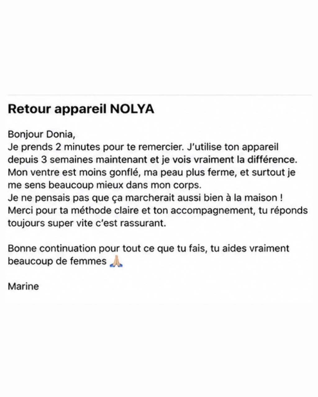 Retour cliente NOLYA · ventre · 3 semaines